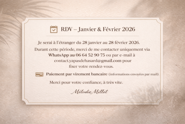 Annonce des rendez-vous janvier et février 2026 avec coordonnées WhatsApp et e-mail de Mélodie Millot.